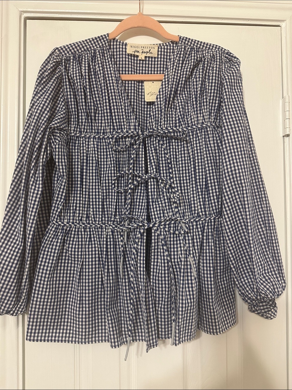 Free People Navy Gingham Tie-Front Top